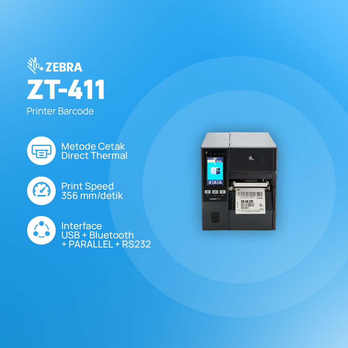Printer Barcode Zebra ZT411 203dpi+USB+LAN